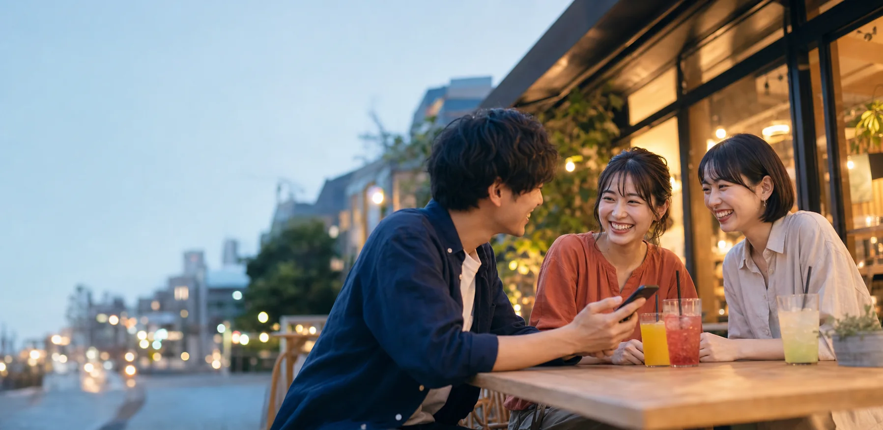 カフェでスマートフォンを囲みながら笑顔で話す3人の友人